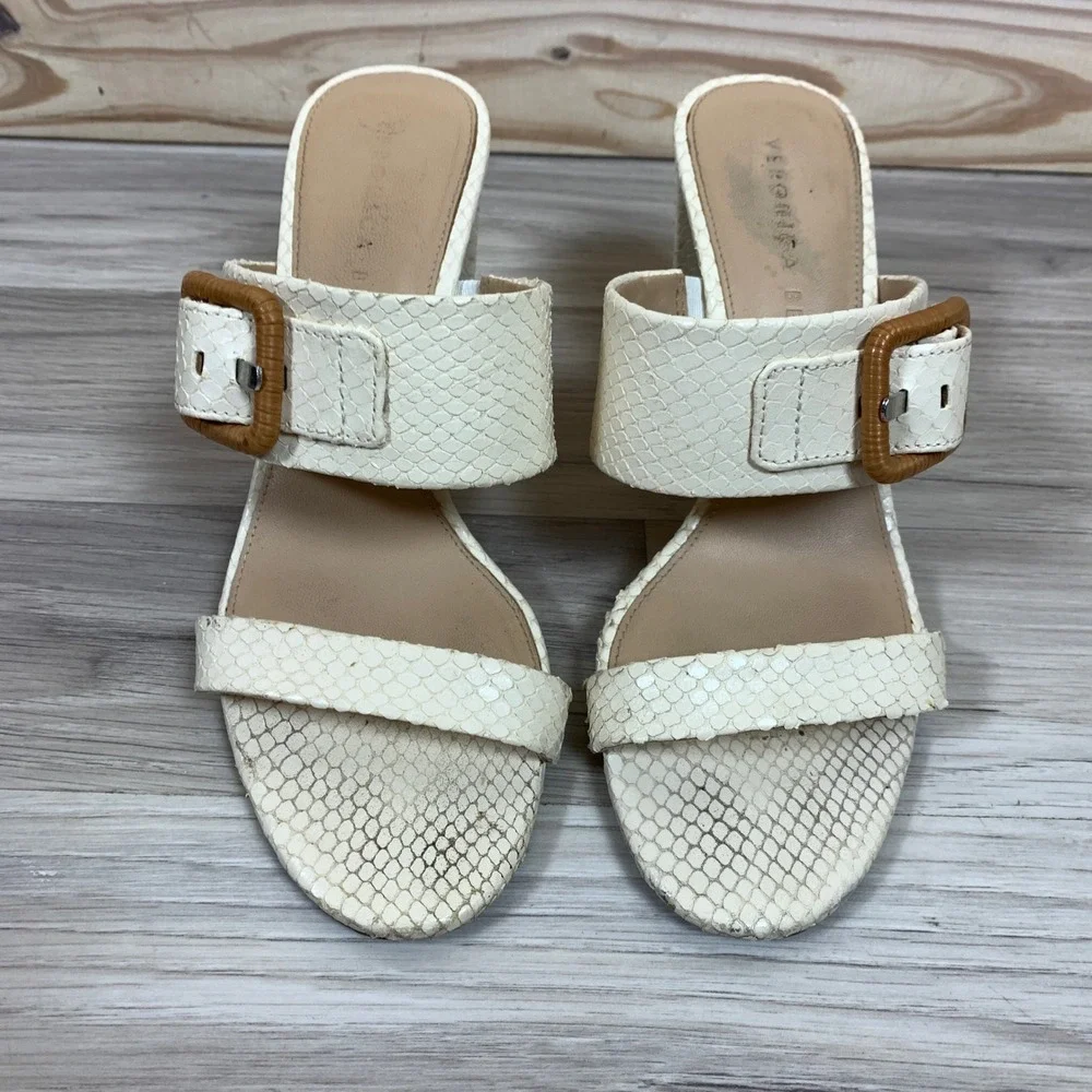 Veronica Beard Heel Mules Womens 7M White Snakeskin Embossed Buckle Block Sandal
